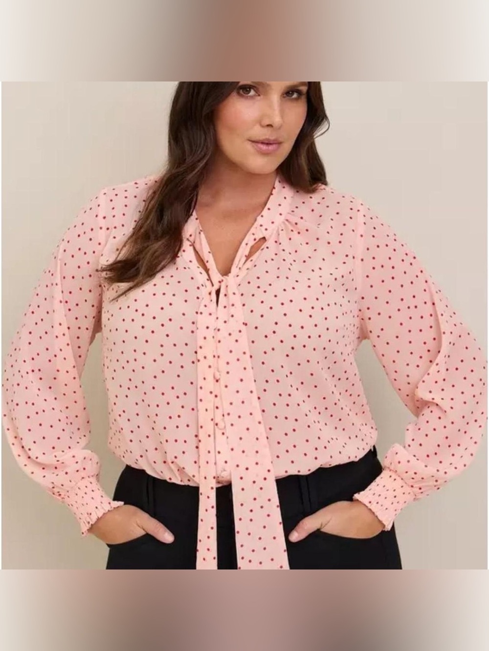 Torrid Pink Polka Dot Tie-Neck Blouse